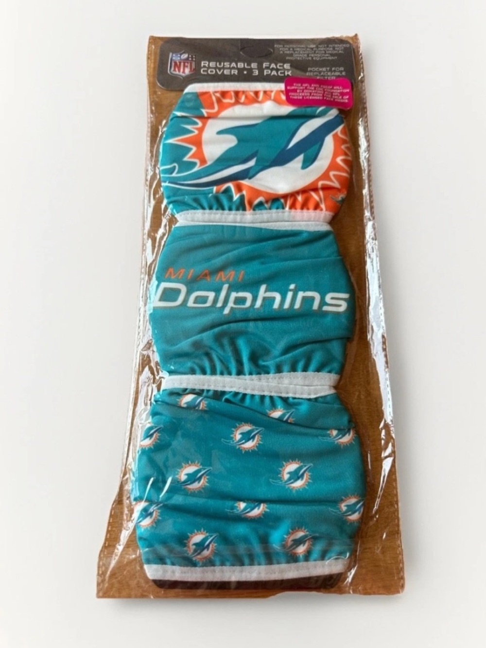 NFL Miami Dolphins Reusable Face Mask Set 3 Pack - Teal Orange White